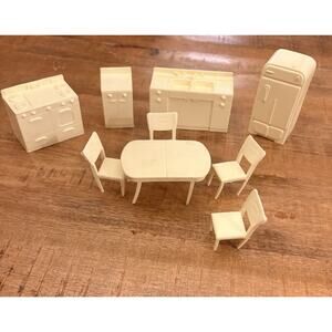 Marx Vintage Dollhouse Furniture Cream Kitchen Fridge Oven Sink Table Chairs ￼